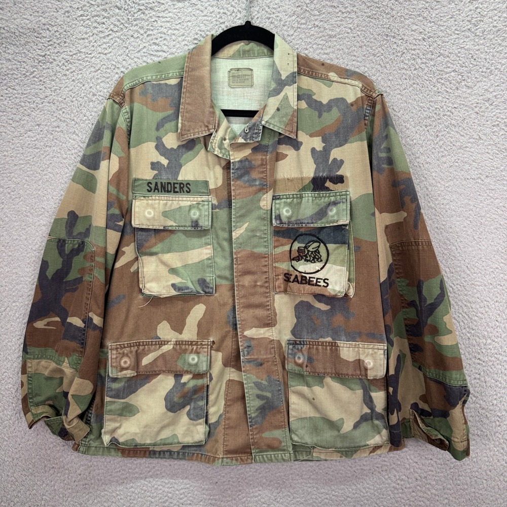 US Navy BDU Jacket Mens S Short Green Woodland Camo Seabees Military Field Coat